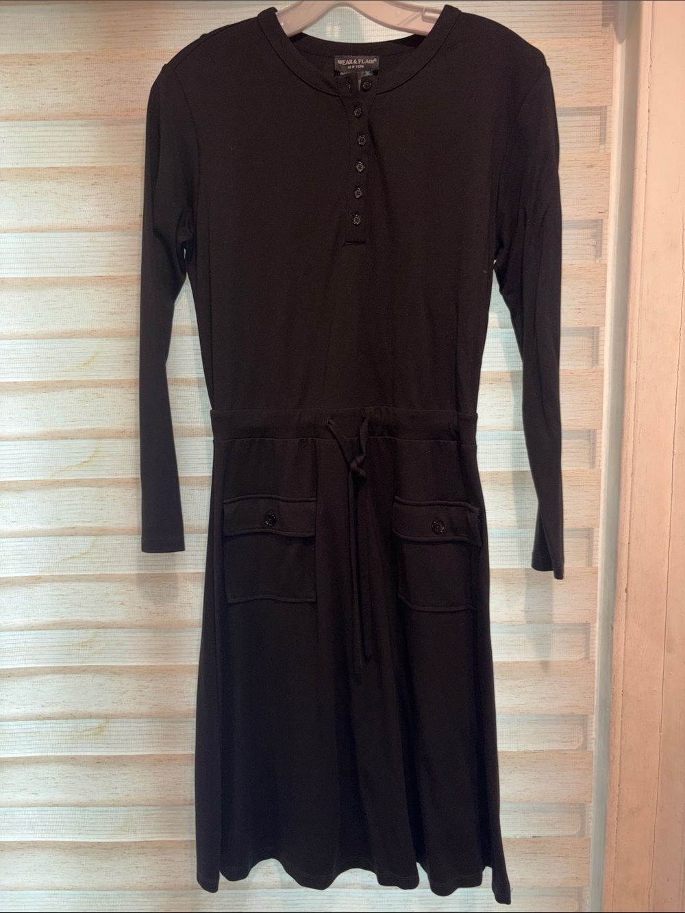 Long-Sleeve Black Henley Drawstring Waist Dress